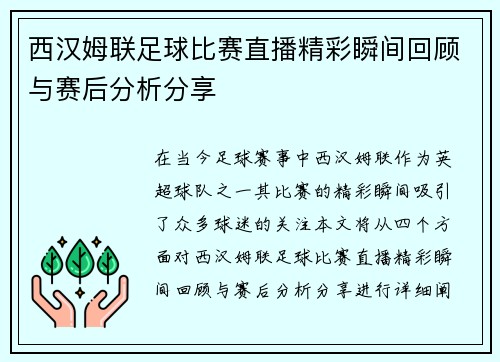 西汉姆联足球比赛直播精彩瞬间回顾与赛后分析分享