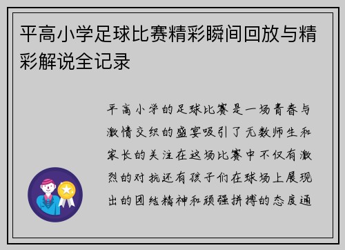 平高小学足球比赛精彩瞬间回放与精彩解说全记录